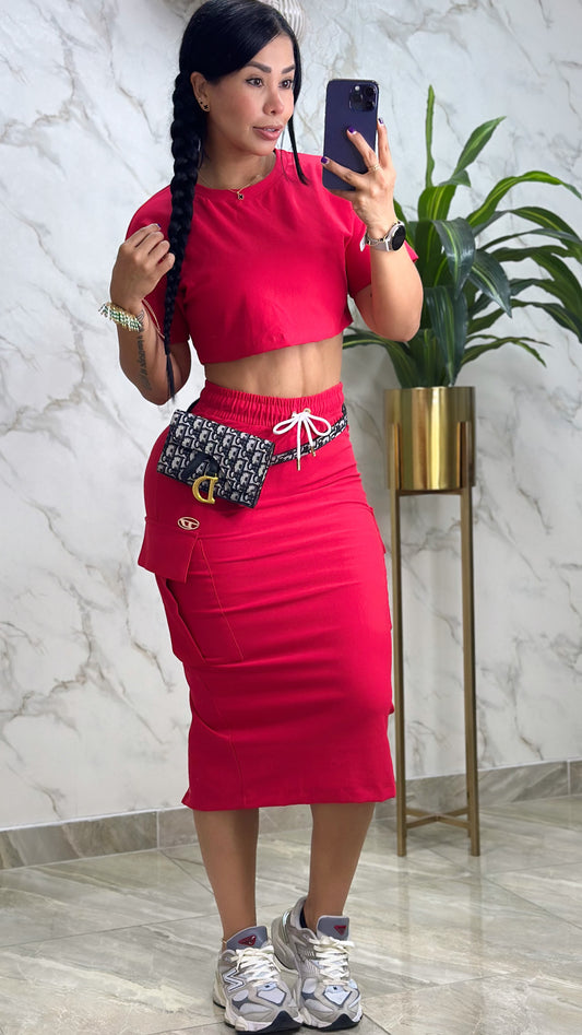 CONJUNTO FALDA BOLSILLOS LATERALES APLIQUE D