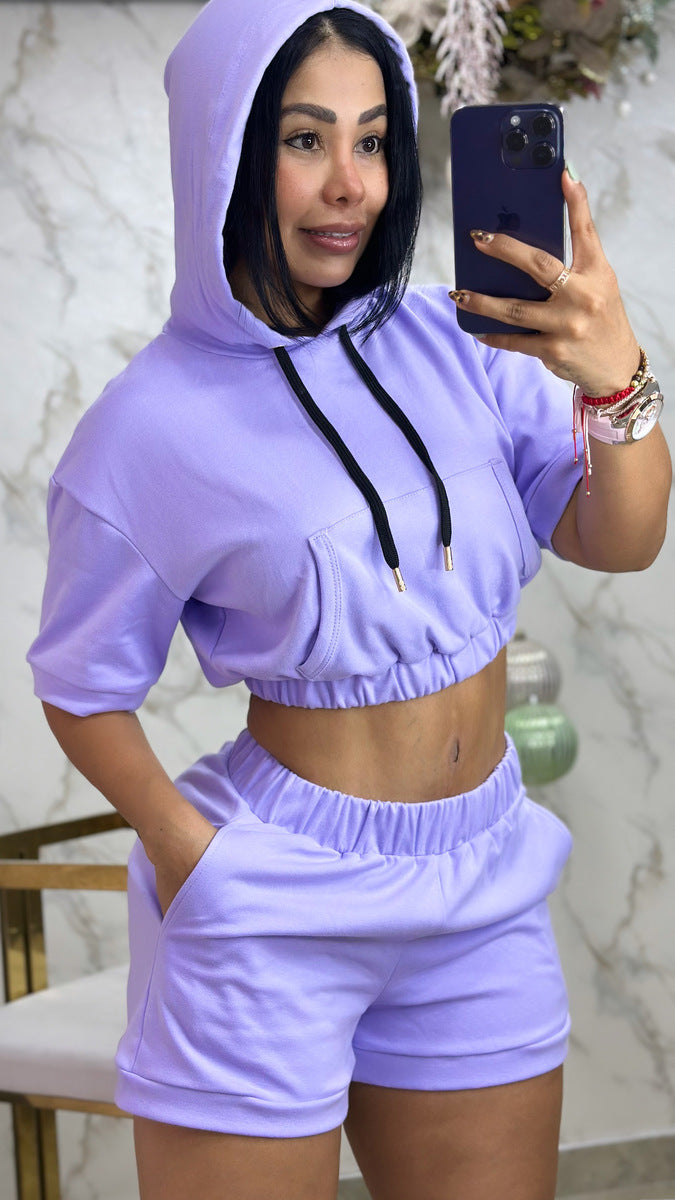Conjunto short algodón blusa capucha cordón