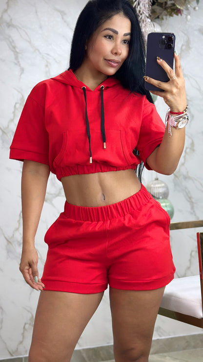 Conjunto short algodón blusa capucha cordón