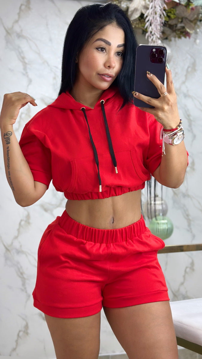 Conjunto short algodón blusa capucha cordón