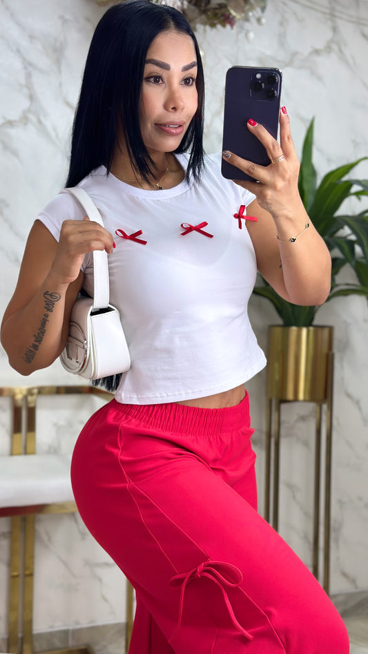 CONJUNTON PANTALON ANCHO CON SESGOS BLUSA MOÑOS